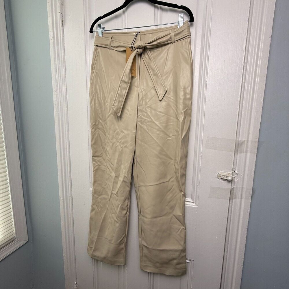 Bailey 44 Tan Vegan Leather Pants Womens 8 Beige Tie Belt Straight Leg NWT